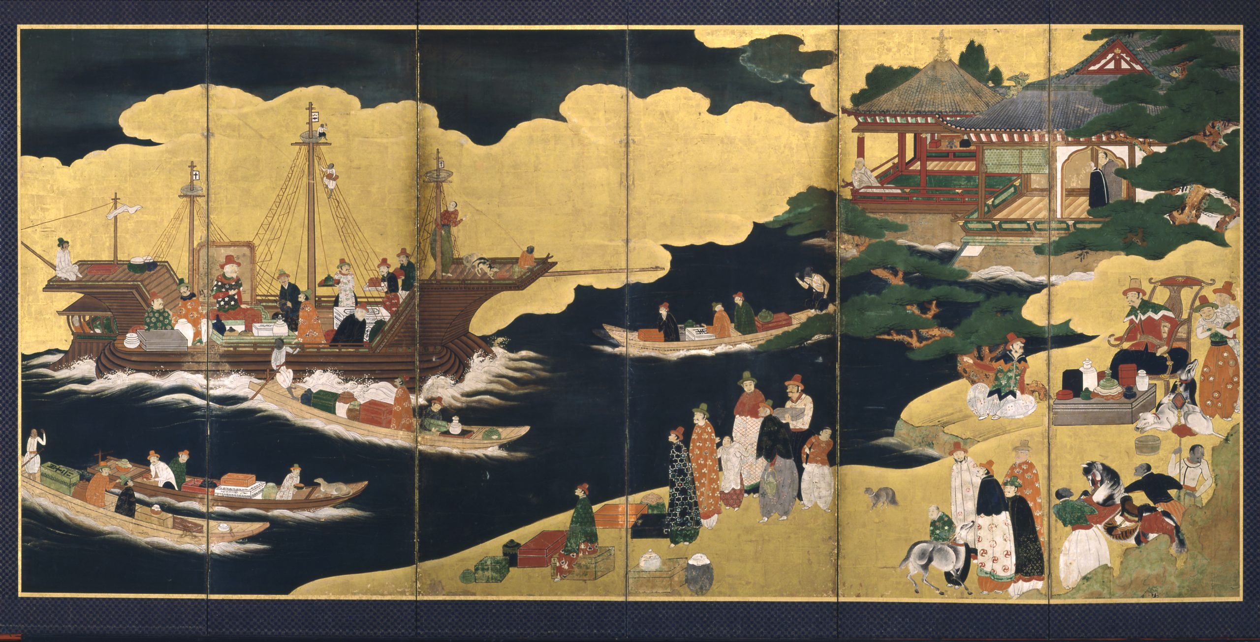 Arrival of a Portuguese ship, one of a pair (Nanban screens), Six panel folding screen, 1620–1640. Japan. Ink, colors, and gold on paper. Courtesy of the Asian Art Museum, The Avery Brundage Collection, B60D77+.