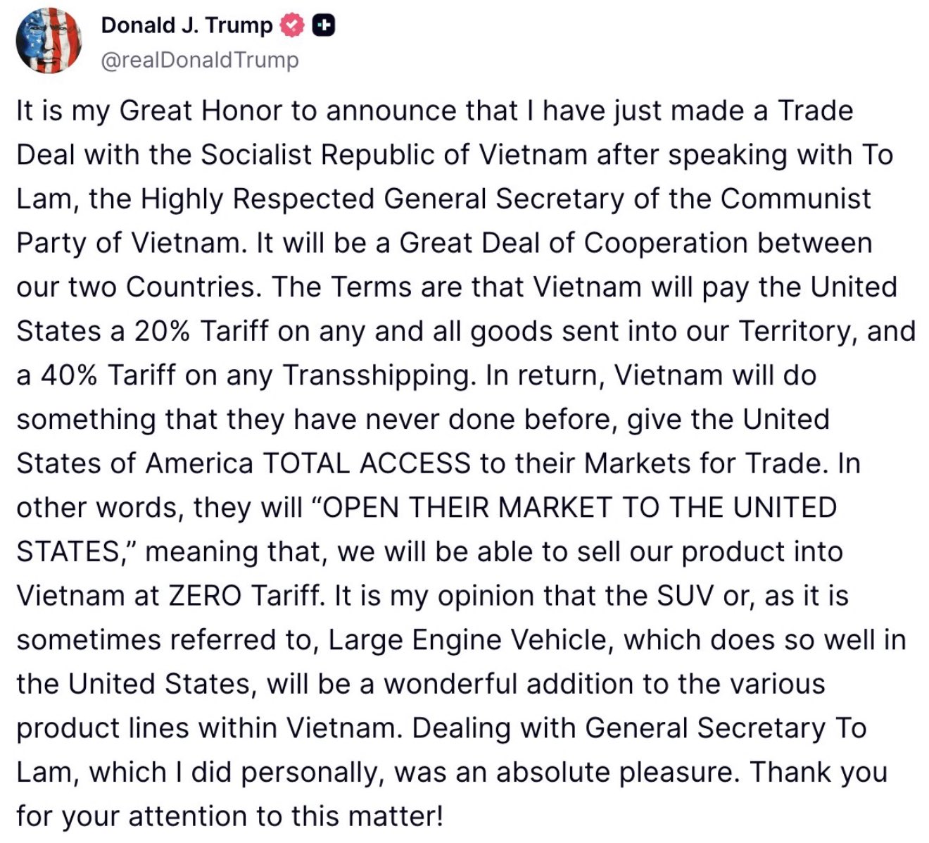 The social post of Trump president
